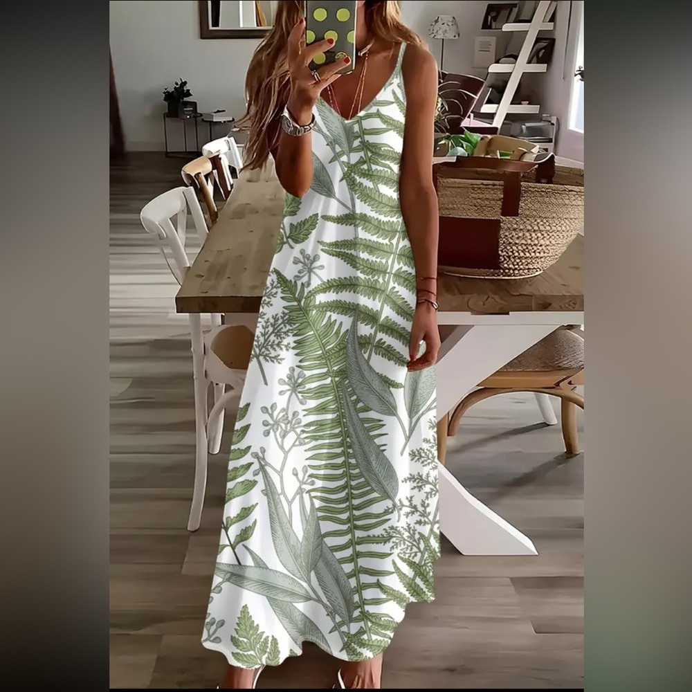 Sleeveless White Maxi Dress with Green Fern Print